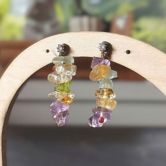 Vtg mixed gemstone rainbow drop earrings - Picture 2 of 7